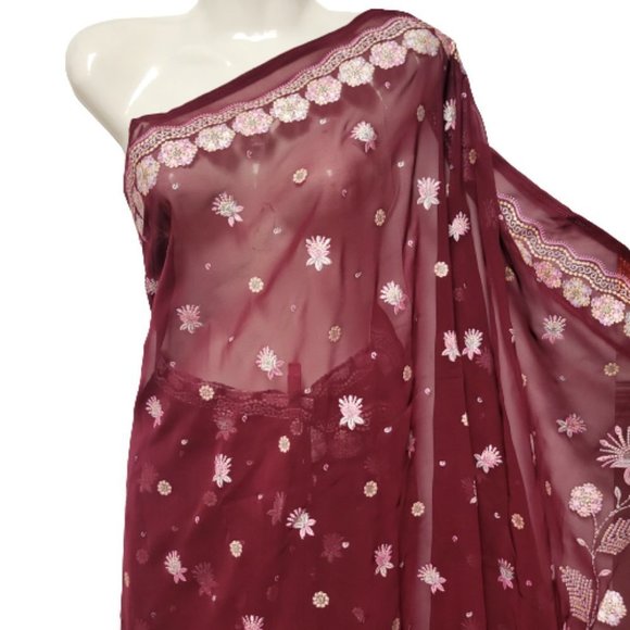 Maroon Saree Sequin Floral PRE SEWN Ready To Wear Saree Adjustable Waist - NEW - Picture 3 of 15